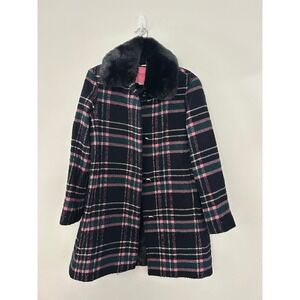NWT $699 Kate Spade Faux Fur Collar Plaid Coat Blazer Blue Pink Wool Blend